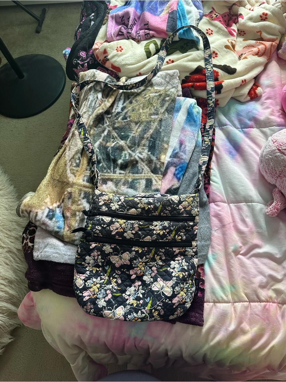Vera Bradley Black Floral Crossbody Bag with Pink and Green Accents